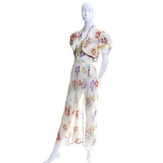 1930's Floral Silk Chiffon Peek a Boo Back Vintage Dress & Bolero Jacket - Dressing Vintage