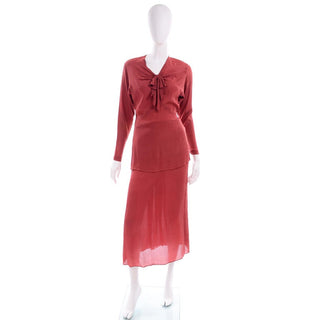 Vintage 1930s Brick Red Silk 2 Pc Dress With Rhinestone Buckle and Bow