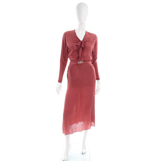 Vintage 1930s Brick Red Silk 2 Pc Dress With Rhinestone Buckle and Bow Rare find