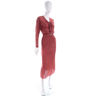 1930s Brick Red Silk 2 Pc Dress With Sash Rhinestone Buckle and Bow