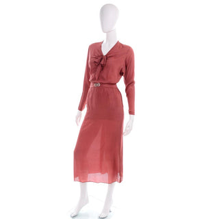 1930s Brick Red Silk 2 Pc Dress With Rhinestone Buckle Sash and Bow 