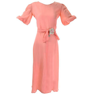 1930s peach silk vintage dress with puff sleeves and flower applique
