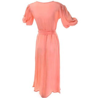 1930s peach silk vintage dress with puff sleeves and matching belt