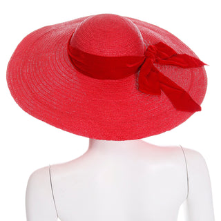 1940s Vintage Mr Leon Cherry Red Wide Brim Straw Hat with velvet bow and ribbon