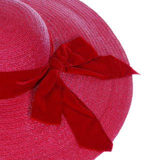 1940s Vintage Mr Leon Cherry Red Wide Brim Straw Hat with red velvet bow and ribbon