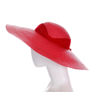 Vintage 1930s or 1940s Mr Leon Cherry Red Wide Brim Straw Hat