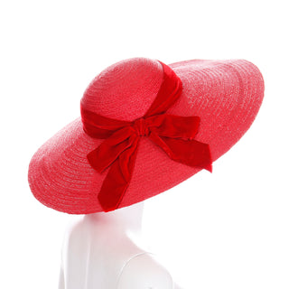 1940s Vintage Mr Leon Cherry Red Wide Brim Straw Hat with bow
