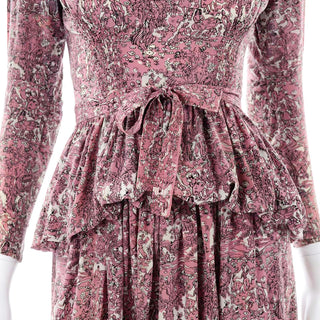 1940s Novelty Toile Print Mauve Pink Vintage Dress w Peplum Gathered