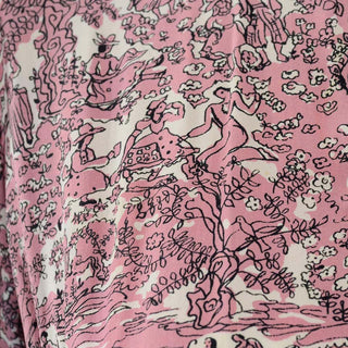 40s Novelty Toile Print Mauve Pink Vintage Dress w Peplum