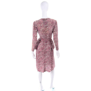 1940s Novelty Toile Print Mauve Pink Vintage Dress w Peplum  & Sash