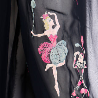1940s Black Sheer Rayon Top W Colorful Hand Painted Circus Performers and balloons