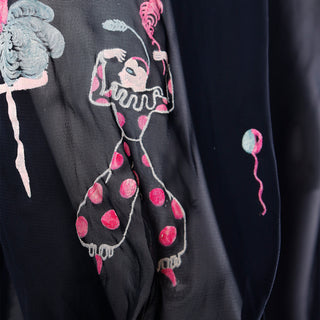 1940s Black Sheer Rayon Top W Colorful Hand Painted Circus Performers with balloons