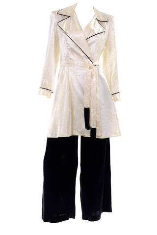1940's Ivory Botanical Silk Jacket w/ Black Wide Leg Pants