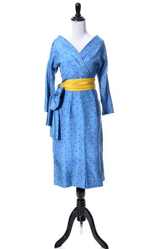 1950's Rare Vintage Blue Silk Dot Dress with Sash - Dressing Vintage