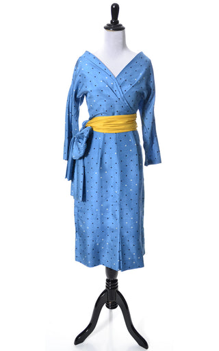 1950's Rare Vintage Blue Silk Dot Dress with Sash - Dressing Vintage