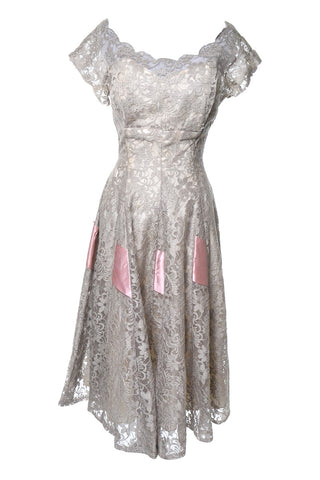 1950's Taupe Illusion Lace Bodice With Nude Silk Lining and Pink Ribbon Details Size 6 - Dressing Vintage