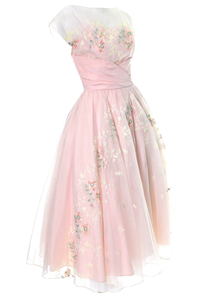 1950s Vintage Dress Pink Organza Embroidery Evening Gown Modig 1950s Vintage Dress Pink Organza Embroidery Evening Gown Modig
