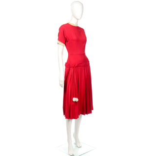Cherry Red Vintage 1950s Holiday Day Dress With Pom Poms