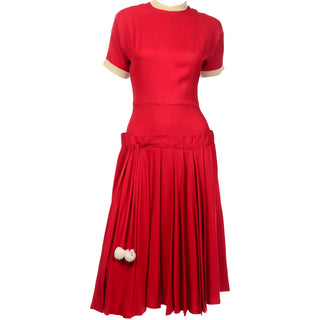 Red Wool Vintage 1950s Holiday Day Dress With Pom Poms rare