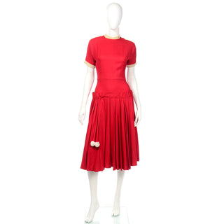 Vintage 1950s Holiday Day Dress With Pom Poms Cherry Red