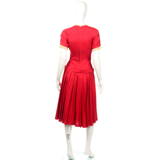 Red Wool Vintage 1950s Holiday Day Dress With Pom Poms
