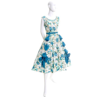 1950's Blue Floral Sleeveless Sundress with Rhinestones