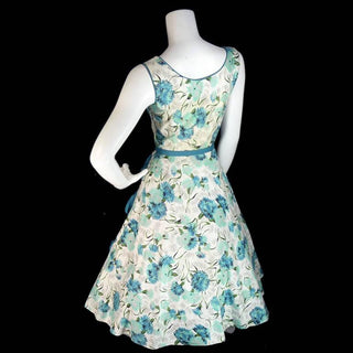 1950's Blue Floral Sleeveless Sundress with Bows