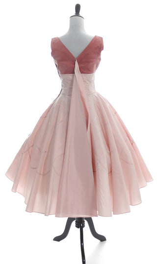 1950s Rose Pink Peach Party Dress Velvet Satin - Dressing Vintage