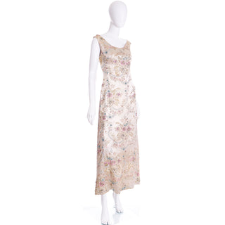 1960s Saks Fifth Avenue Floral Beaded Champagne Satin Evening Dress M/L
