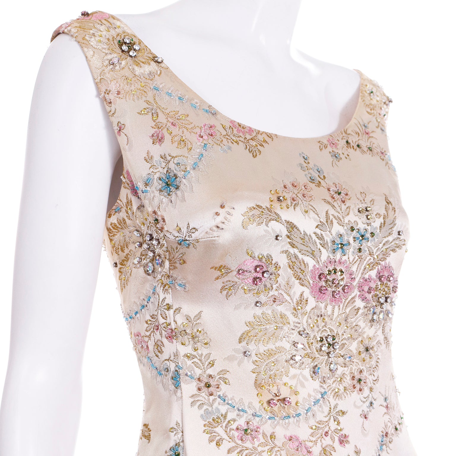 Saks Fifth Avenue Pastel Floral Beaded Champagne Satin 1960s Evening Dress Modig Saks Fifth Avenue Pastel Floral Beaded Champagne Satin 1960s Evening Dress Modig