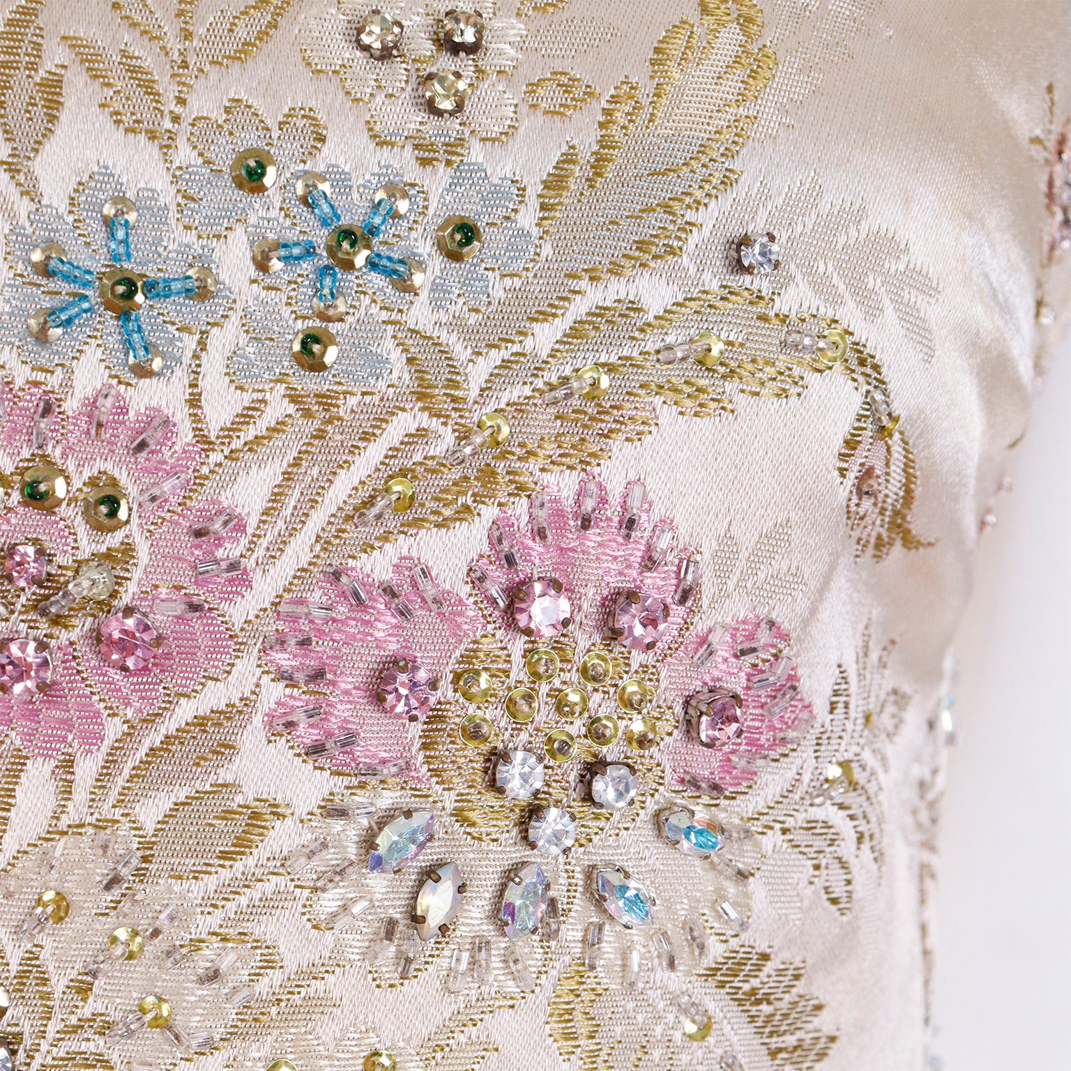Saks Fifth Avenue Pastel Floral Beaded Champagne Satin 1960s Evening Dress Modig Saks Fifth Avenue Pastel Floral Beaded Champagne Satin 1960s Evening Dress Modig