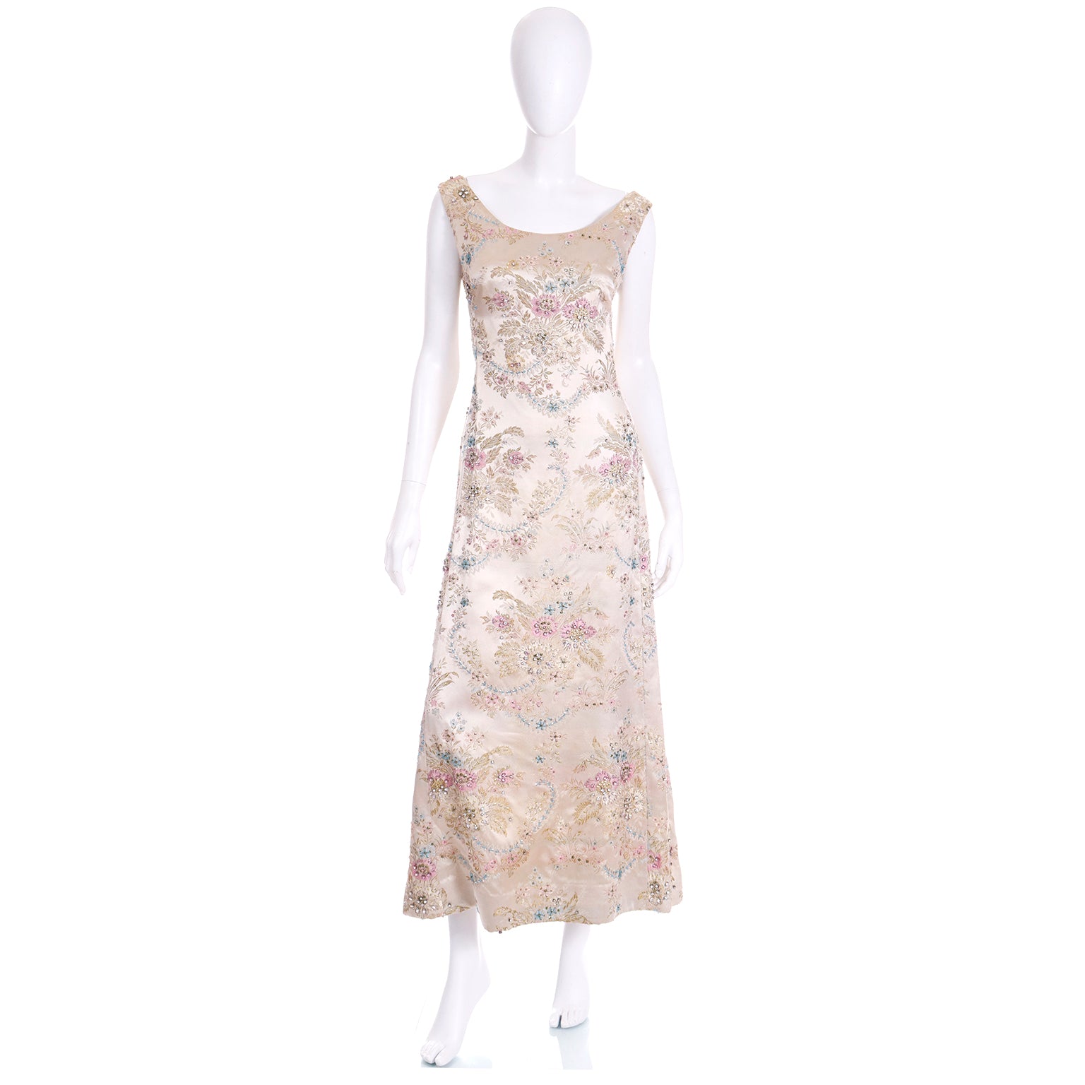 Saks Fifth Avenue Pastel Floral Beaded Champagne Satin 1960s Evening Dress Modig Saks Fifth Avenue Pastel Floral Beaded Champagne Satin 1960s Evening Dress Modig