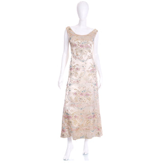 1960s Saks Fifth Avenue Floral Beaded Champagne Satin Evening Dress 60s