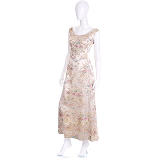 1960s Saks Fifth Avenue Floral Beaded Champagne Satin Evening Dress Size Medium or Large