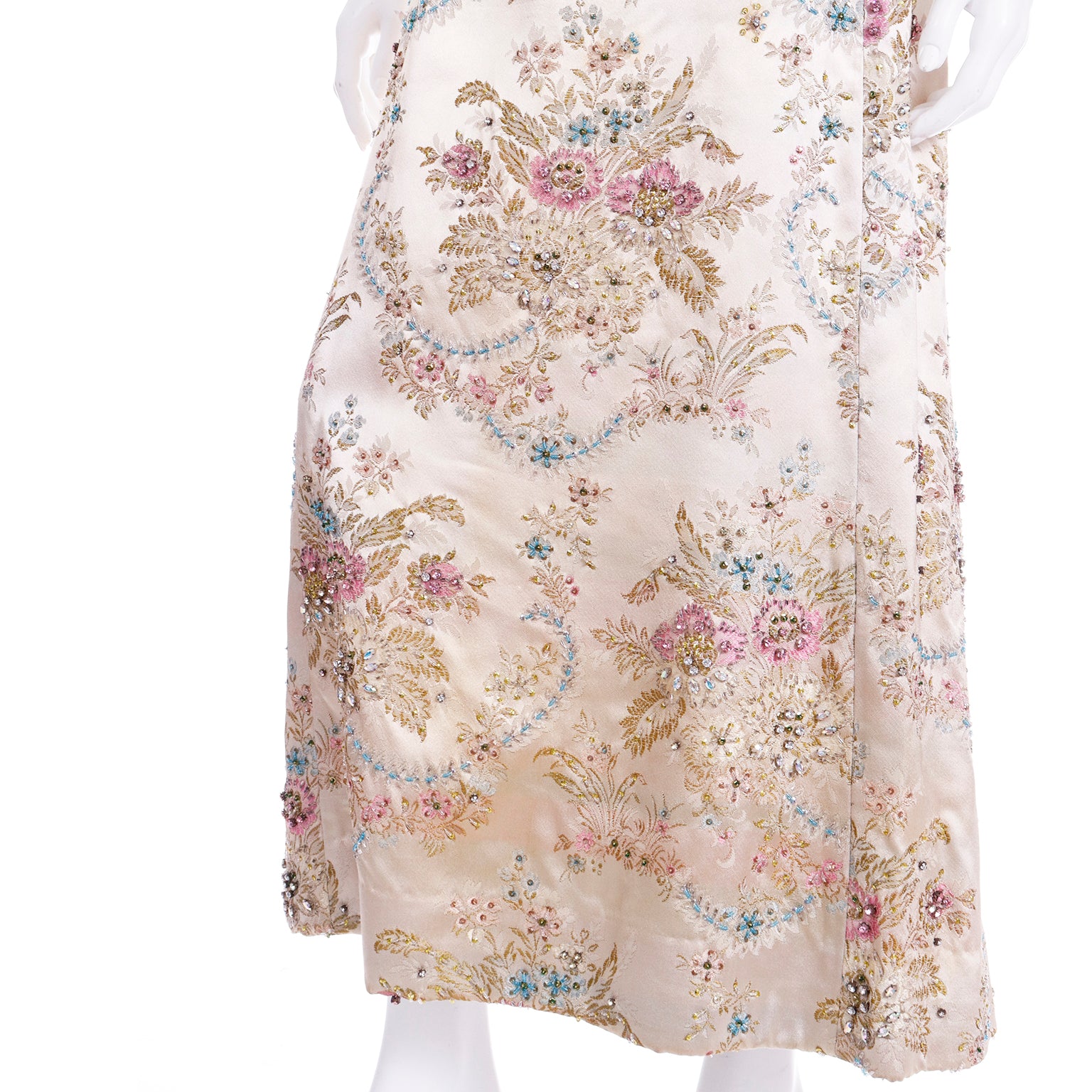 Saks Fifth Avenue Pastel Floral Beaded Champagne Satin 1960s Saks Fifth Avenue Pastel Floral Beaded Champagne Satin 1960s
