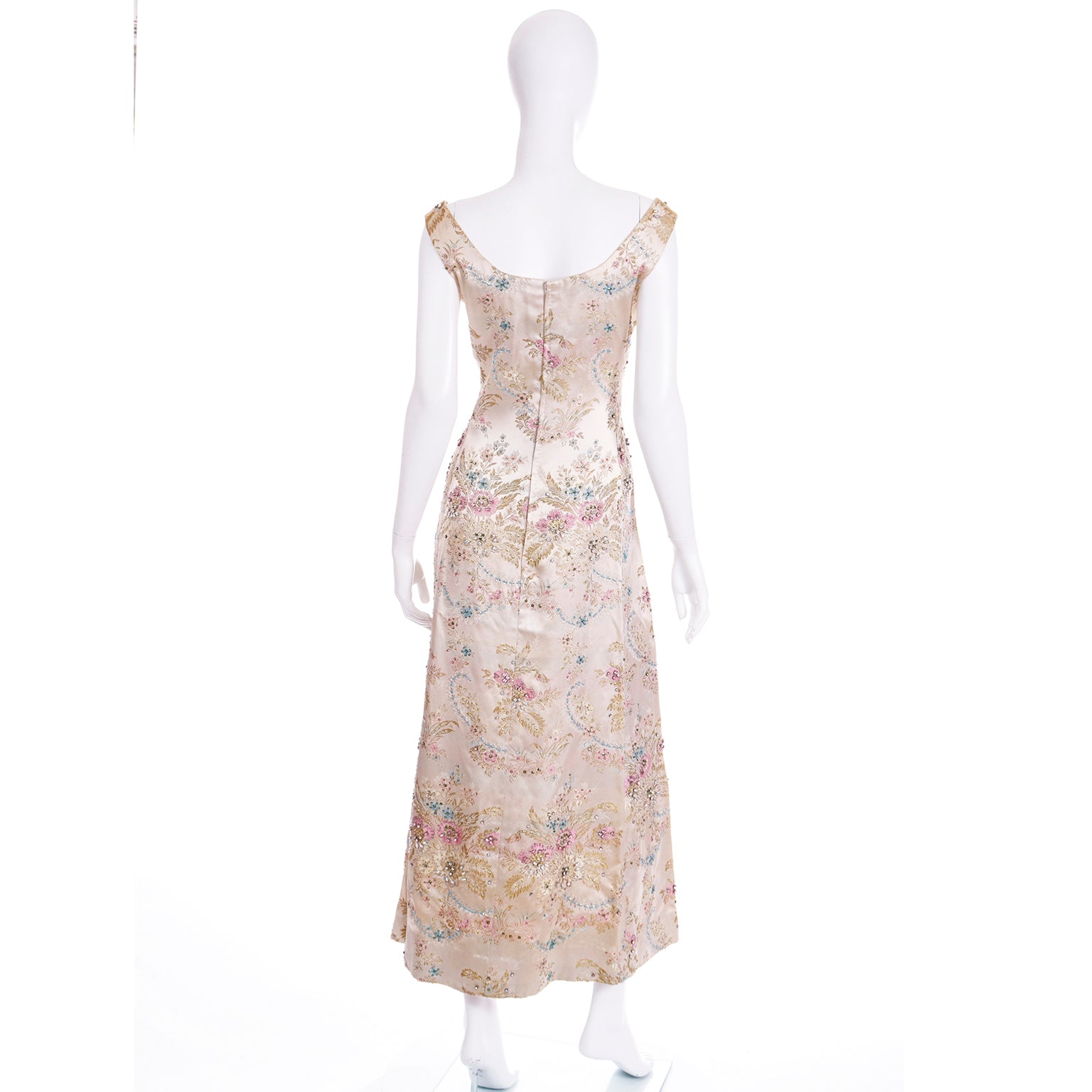 Saks Fifth Avenue Pastel Floral Beaded Champagne Satin 1960s Evening Dress Modig Saks Fifth Avenue Pastel Floral Beaded Champagne Satin 1960s Evening Dress Modig