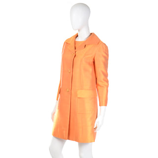 1960s Dynasty Tangerine Vintage 2pc Dress & Coat Evening Suit Orange Silk