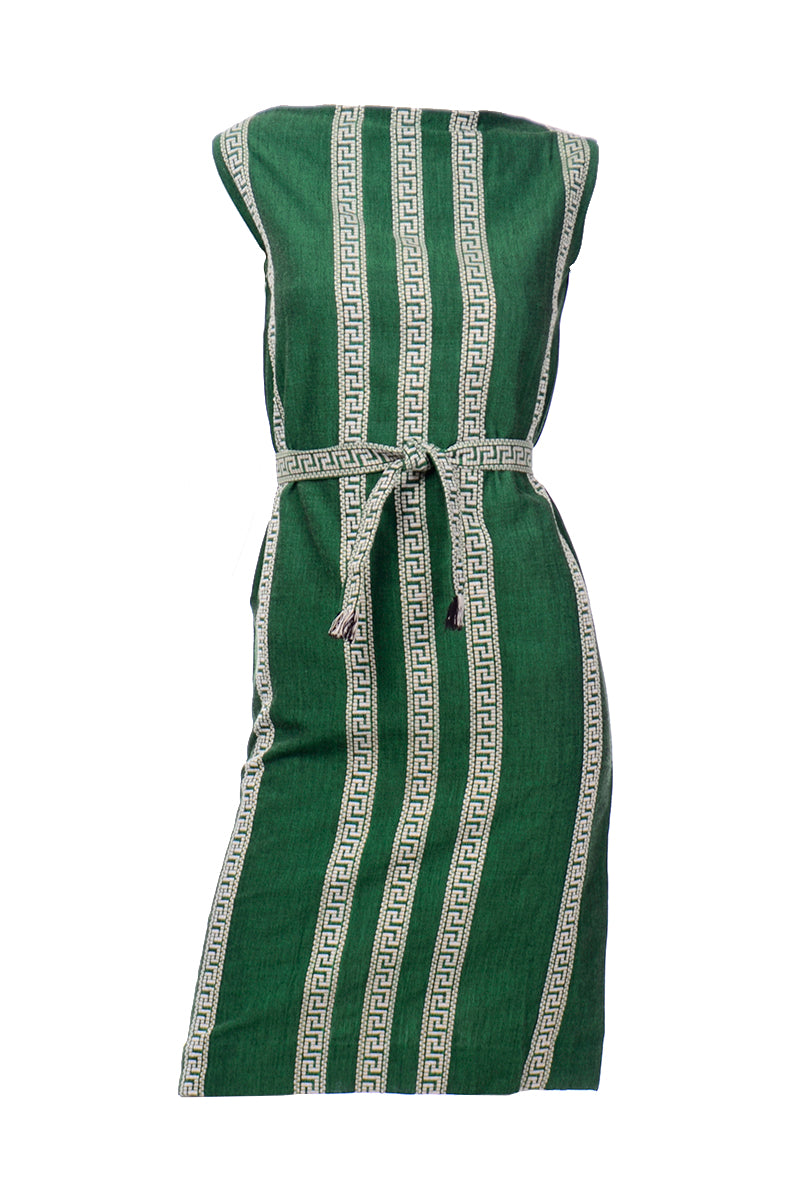 1960s Green Bambaki Cotton Greek Key Design Sleeveless Dress 2/4 Modig 1960s Green Bambaki Cotton Greek Key Design Sleeveless Dress 2/4 Modig