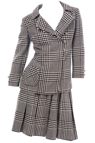 Vintage 1960s Black White Houndstooth Wool Skirt Suit