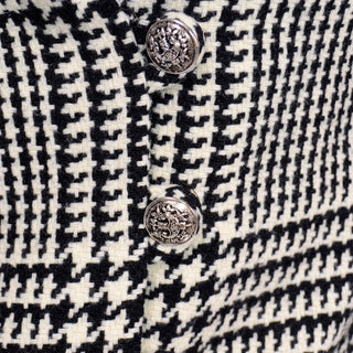 Vintage 1960s Black White Houndstooth Wool Skirt Suit Decorative Buttons