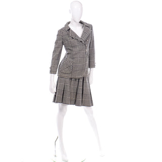 Vintage 1960s Black White Houndstooth Wool Skirt Suit 1960s