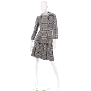 Vintage 1960s Black White Houndstooth Wool Skirt Suit Outfit
