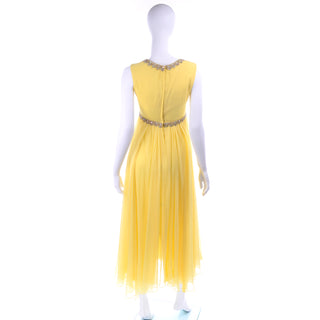 1960s Long Yellow Chiffon Dress with Jeweled Trim