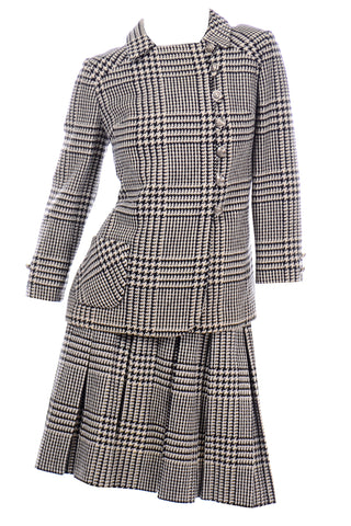 Vintage 60s Black White Houndstooth Wool Skirt Suit