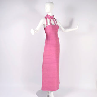 1966 Pierre Cardin Pink Silk Evening Gown With Cutwork and Jeweled Neck