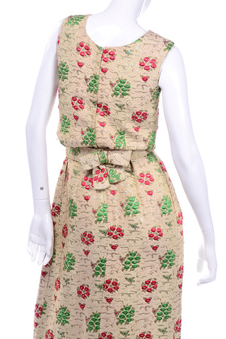 1960s Vintage Red & Green Cream Print Full Length Evening Dress