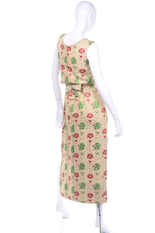 1960s Vintage Red & Green Cream Print Full Length Evening Dress