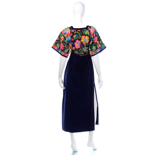 1970s Blue Velvet Maxi Dress with Mexican Style Embroidered Floral Top