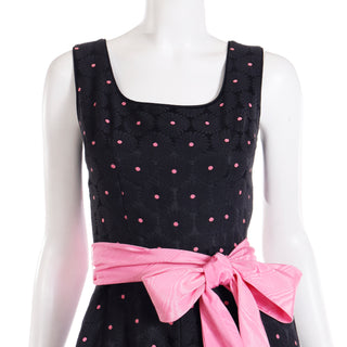1960s Vintage Black Tonal Floral & Pink Polka Dot Jumpsuit W Pink Satin Sash