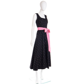1960s Vintage Black Tonal Floral & Pink Dot Jumpsuit W Pink Satin Sash dress alternative